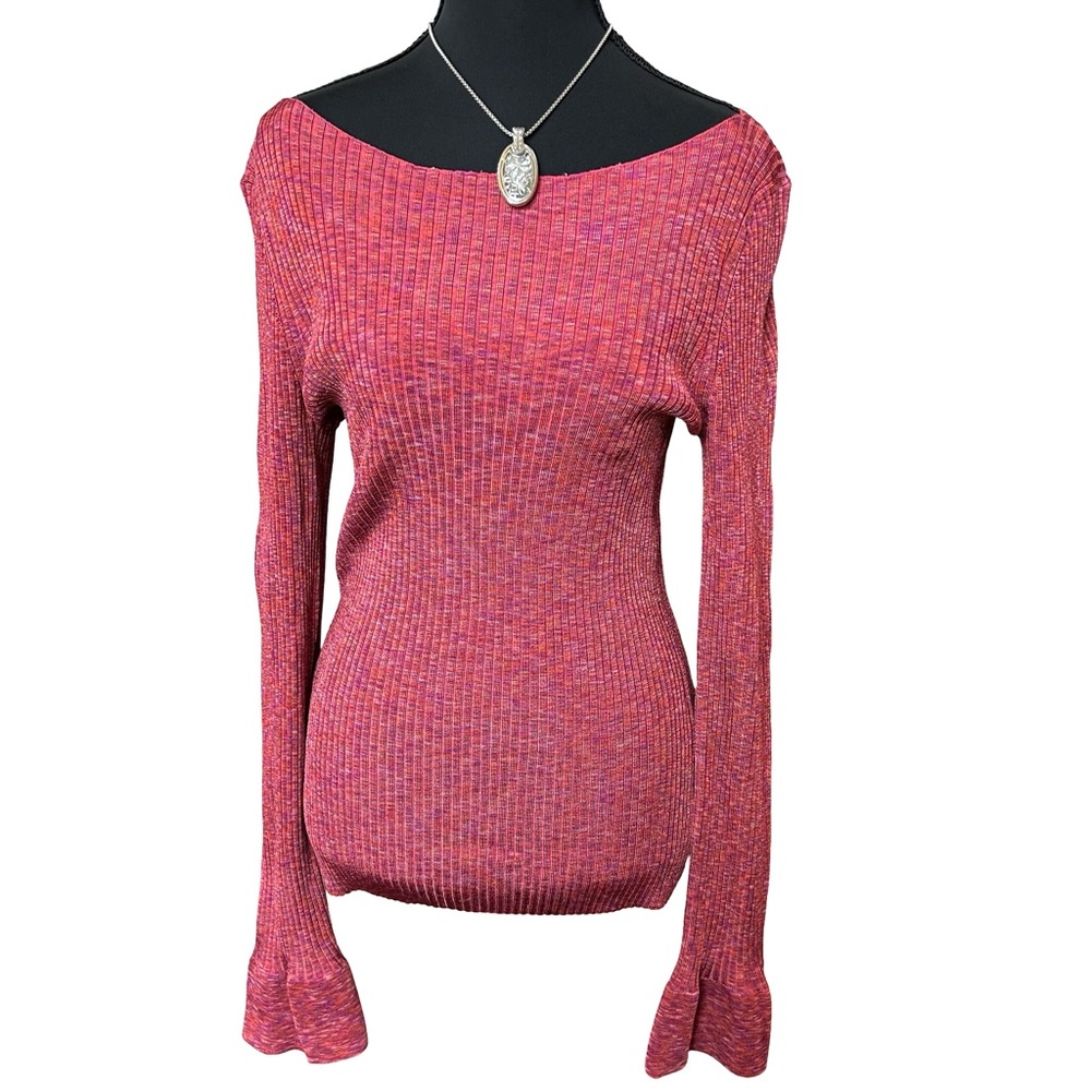 Theory Cabled Print Ribbed Boat Neck Sweater Top SUNSET MULTI Size M